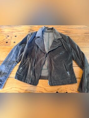 June Women's Suede Zip Motorcycle Jacket - Dark Brown/Green